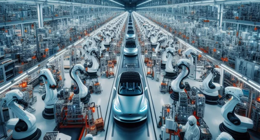 Hala produkcyjna Tesli: wygenerowane AI [https://www.bing.com/images/create/]