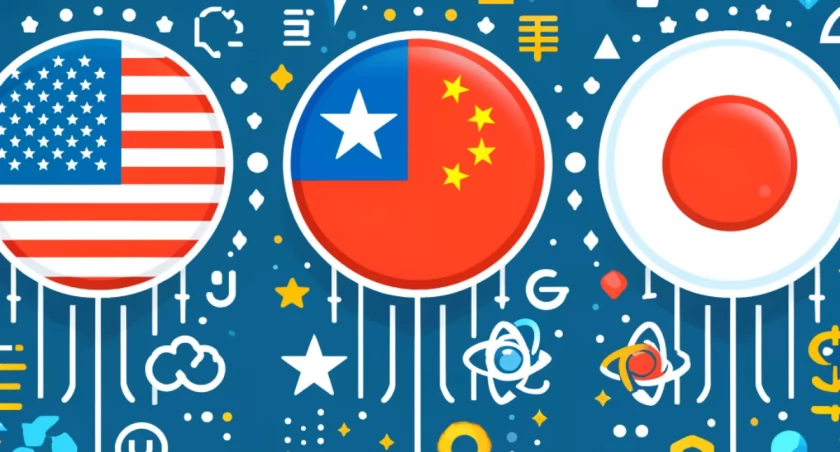 Ilustracja krajów wiodących w wykorzystaniu technologii ChatGPT: USA, Chiny i Japonia.